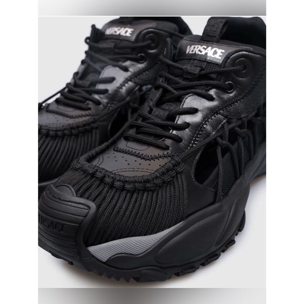 Versace Black Sneakers Rear Metal Logo Leather Trainers US 12 NWT + Dust Bag
